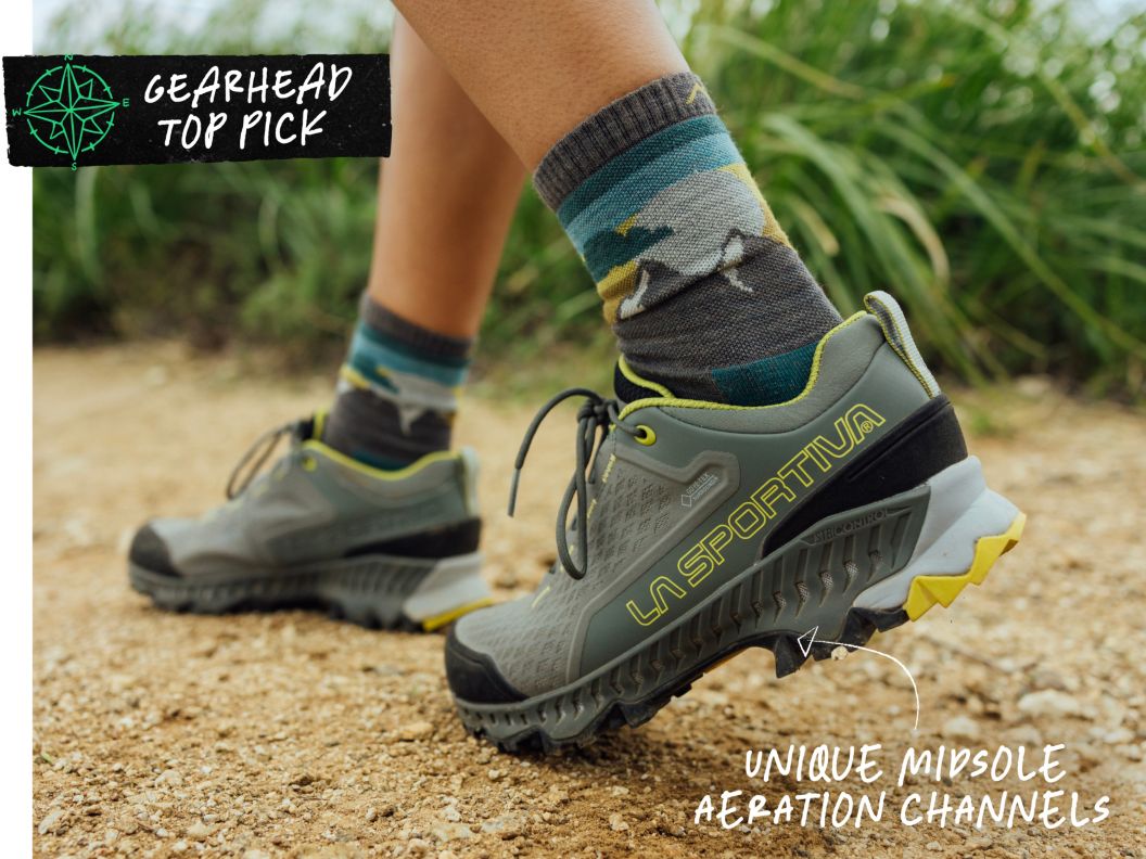 Closeup of a la sportiva shoe as someone walks on a trail. text overlay reads: gearhead top pick unique midsole aeration channels. 